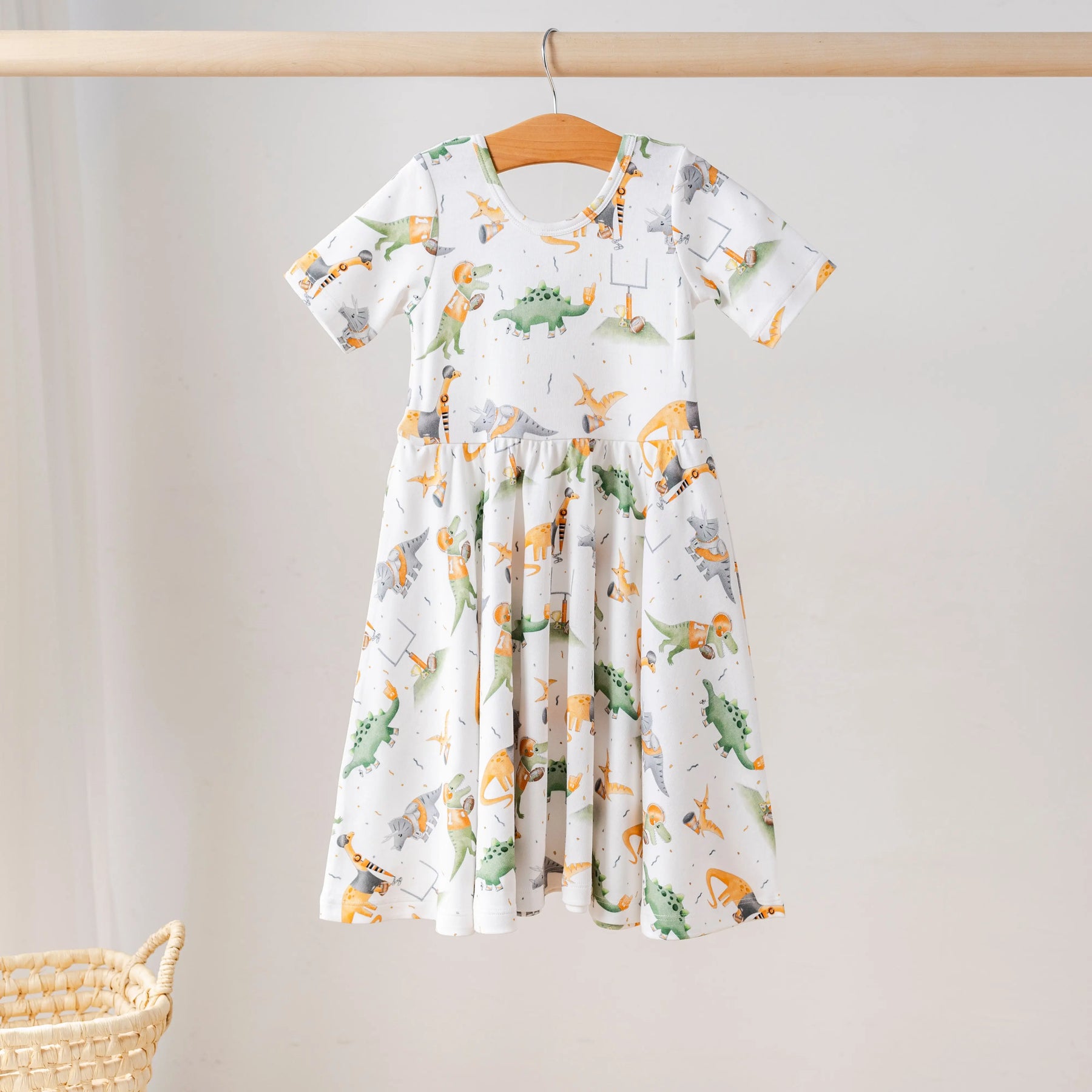 Orange Dino All-Stars Organic Cotton Dress for Kids by Nola Tawk, Southern lifestyle apparel main product photo