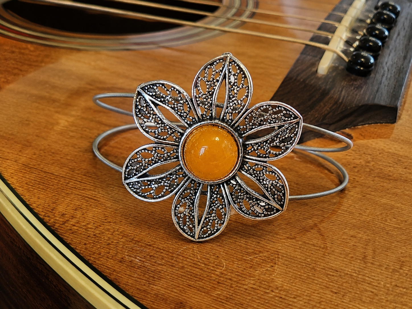 Filigree flower jade center guitar string bracelet by N Harmony Jewelry, handmade jewelry detail photo 2