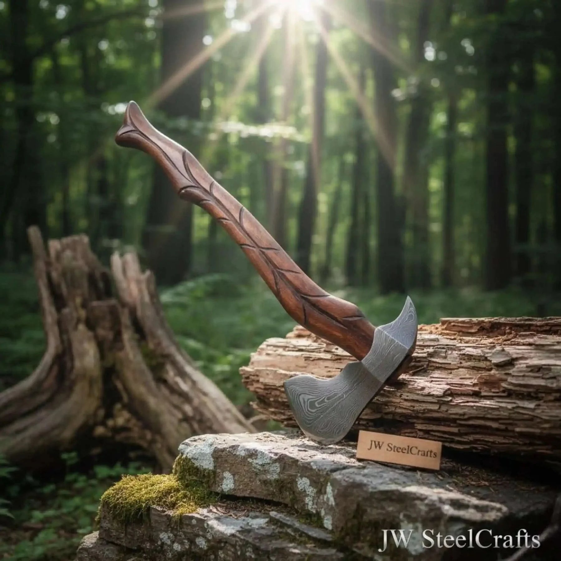 Hand-Forged Damascus Viking Axe – Carved Hardwood Handle | Bushcraft, Camping & Display Collectible by JW SteelCrafts, Southern handmade gift detail photo 3