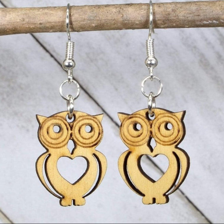 Owl Heart Wooden Dangle Earrings | Cute Animal Love Jewelry by Cate's Concepts, LLC