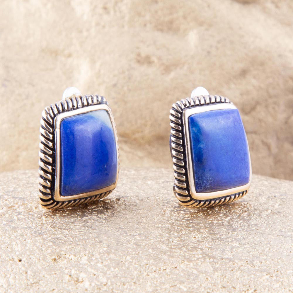 Roped Blue Lapis Golden Clip Earrings detail view by Barse Jewelry