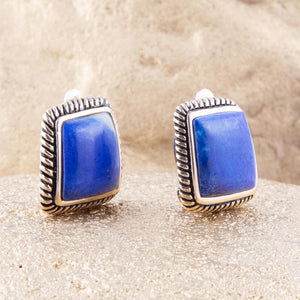 Roped Blue Lapis Golden Clip Earrings detail view by Barse Jewelry