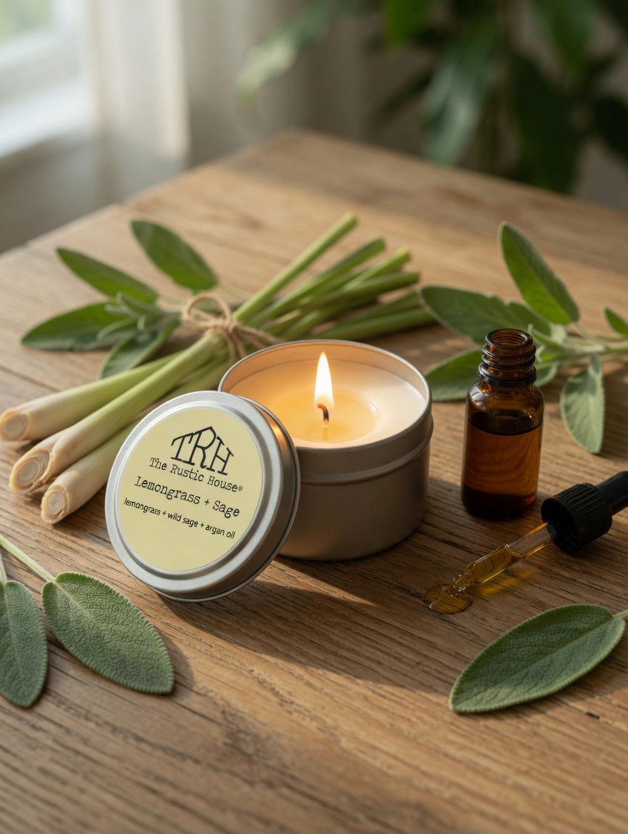 Lemongrass + Sage Travel Tin by The Rustic House, scented candle detail photo 4