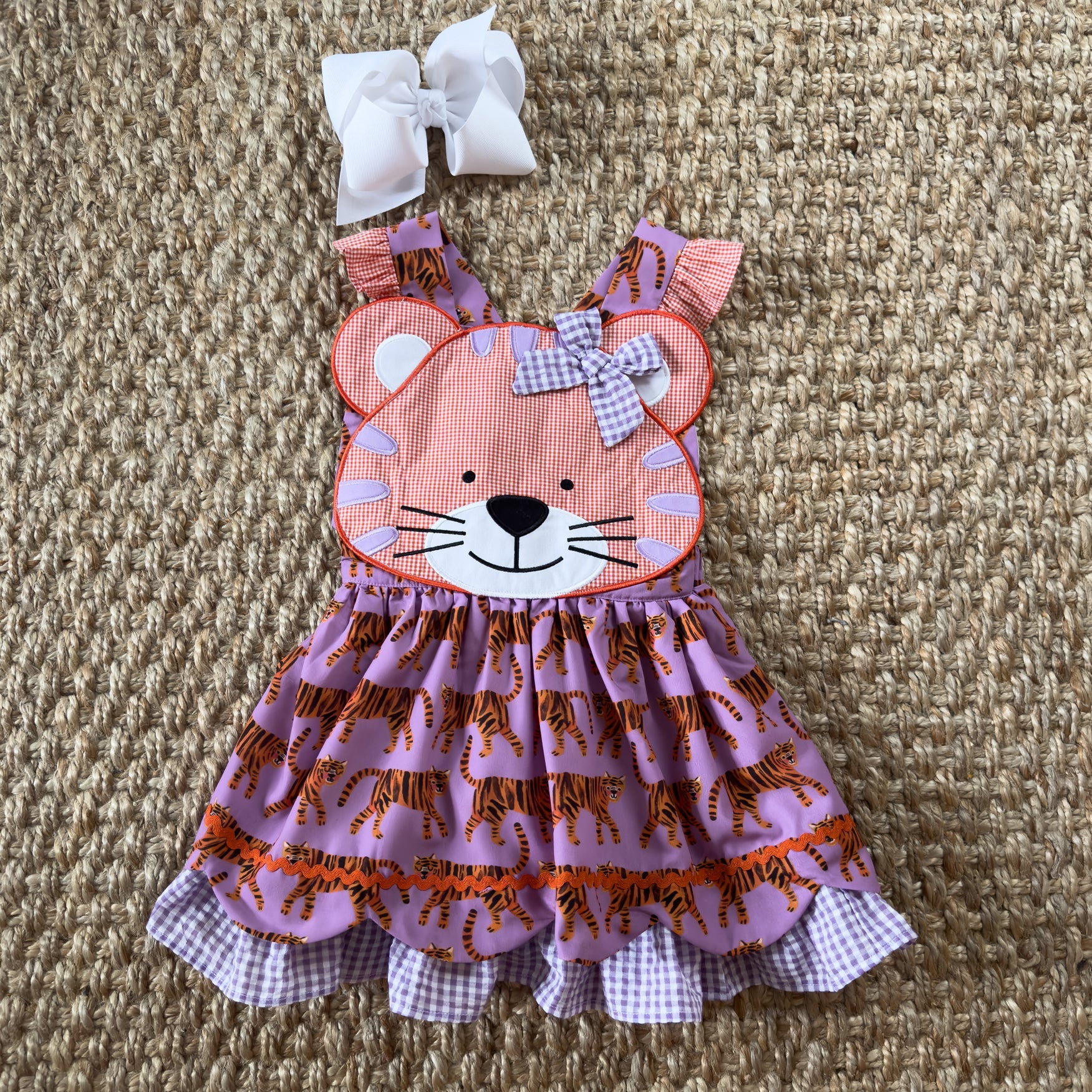 Orange & Purple Tiger Dress detail view by Seven Lantern Lane