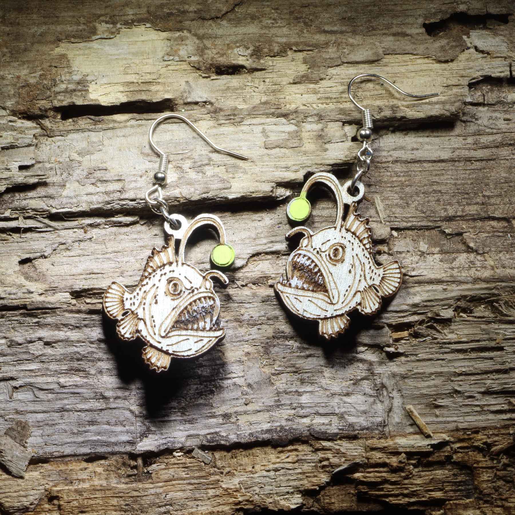 Anglerfish Wooden Earrings | Deep Sea Ocean Creature Jewelry