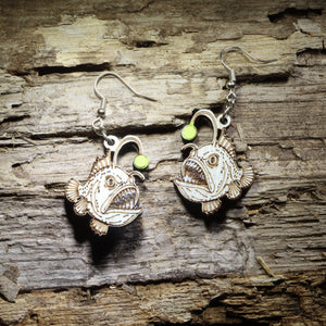 Anglerfish Wooden Earrings | Deep Sea Ocean Creature Jewelry