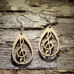 Teardrop Treble Clef Wooden Dangle Earrings | Music Jewelry
