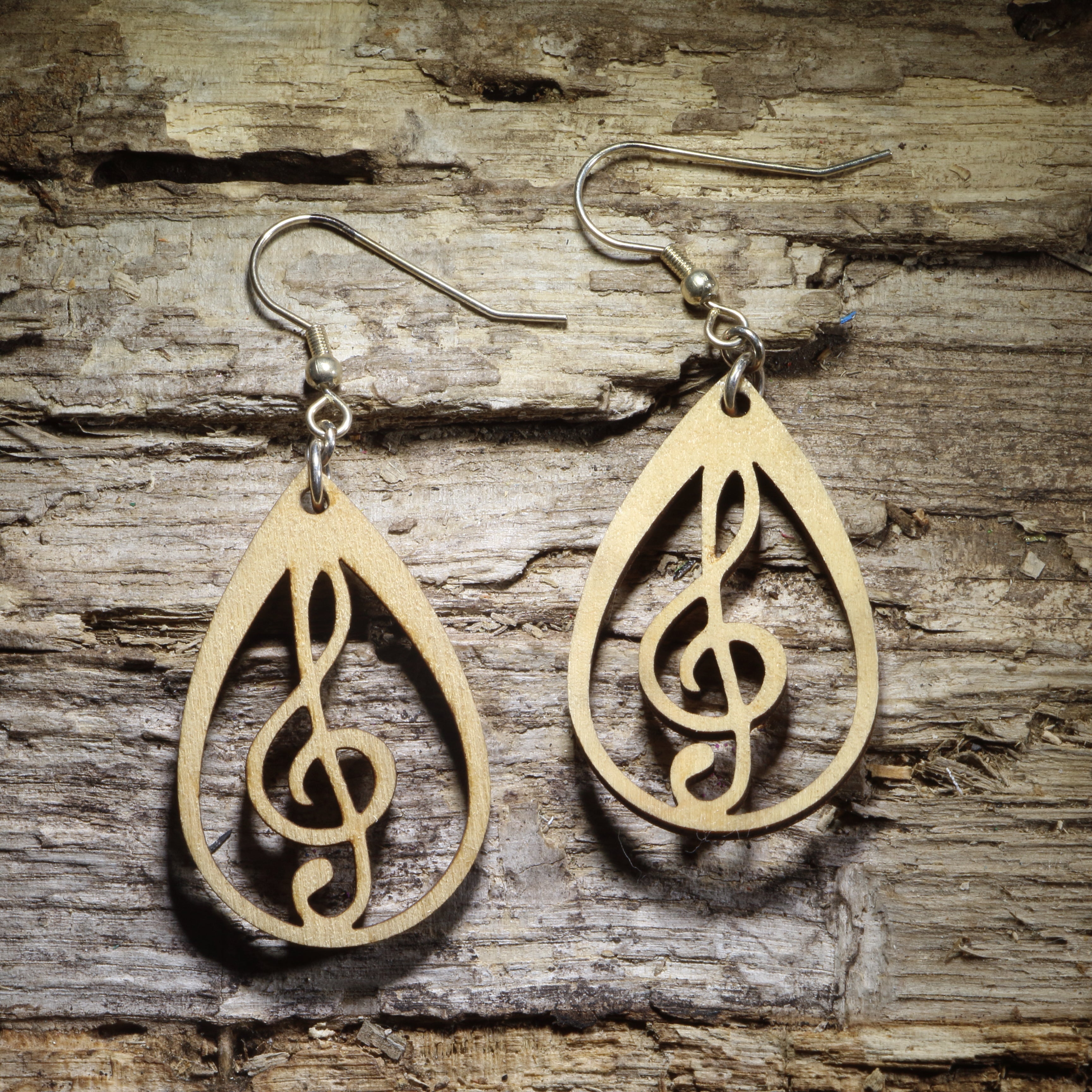 Teardrop Treble Clef Wooden Dangle Earrings | Music Jewelry