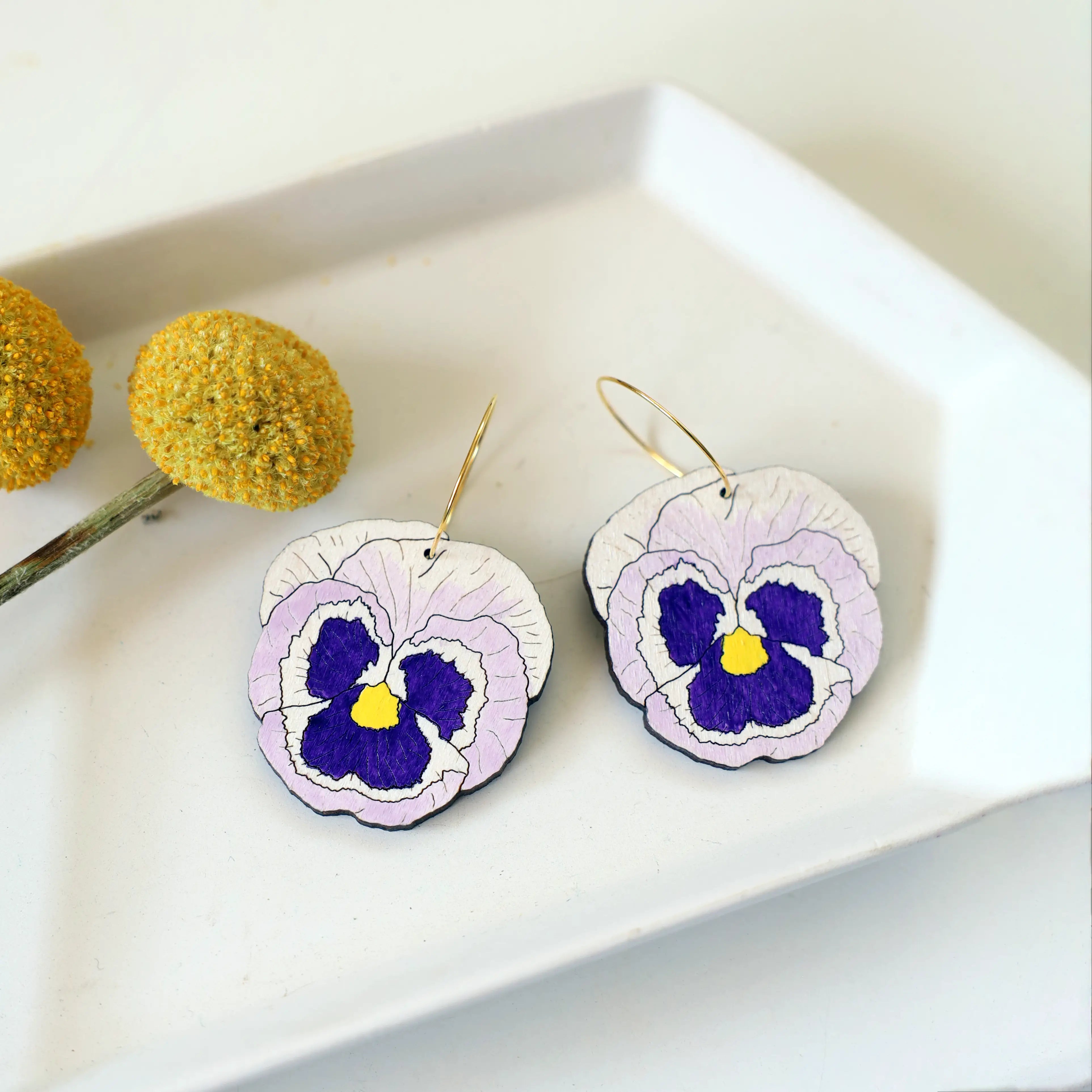 Pansy Hoop Earrings hand painted on lightweight wood by LE CHIC MIAMI