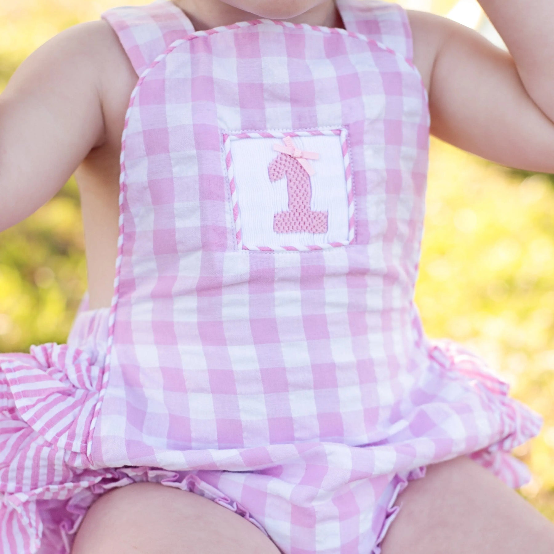 Pastel Pink First Birthday Bubble by Seven Lantern Lane, children's boutique clothing detail photo 3