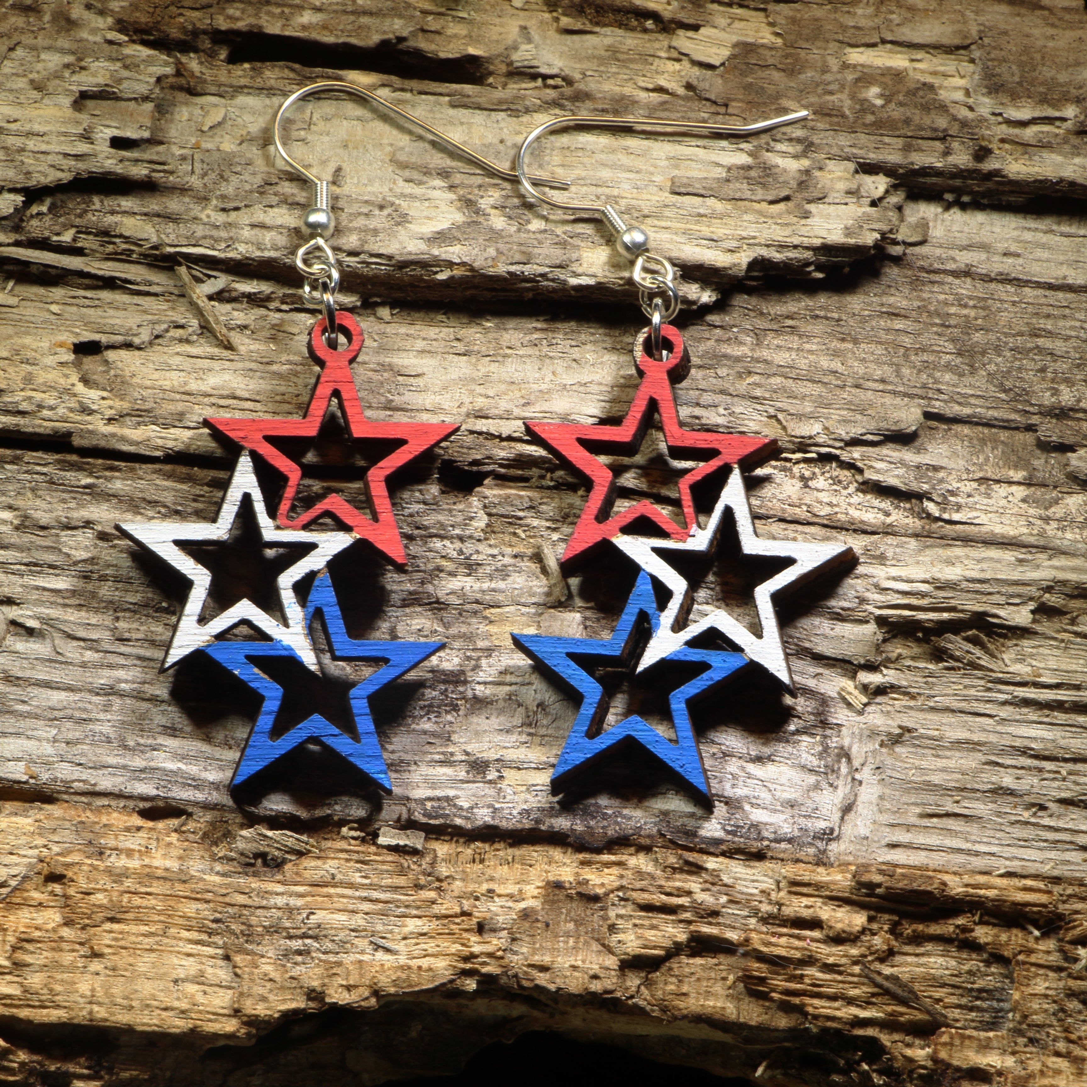 Patriotic Stars Wooden Dangle Earrings | Americana Jewelry by Cate's Concepts, LLC