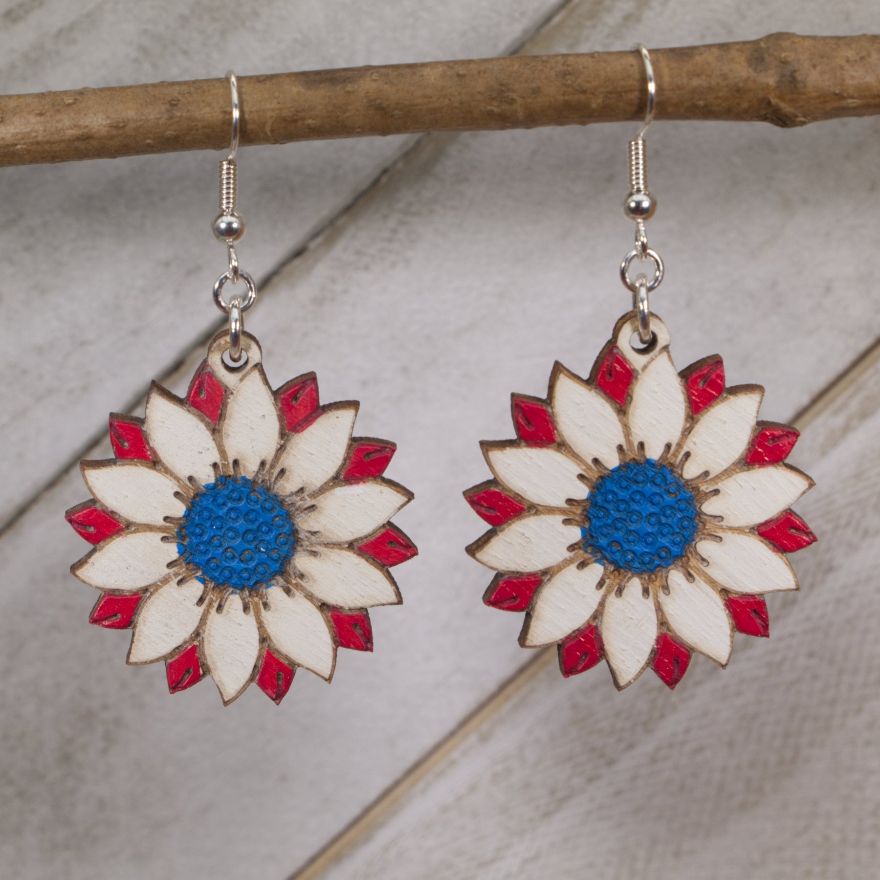 Patriotic Sunflower Wooden Dangle Earrings | Red White Blue Floral Jewelry by Cate's Concepts, LLC, handmade jewelry main product photo