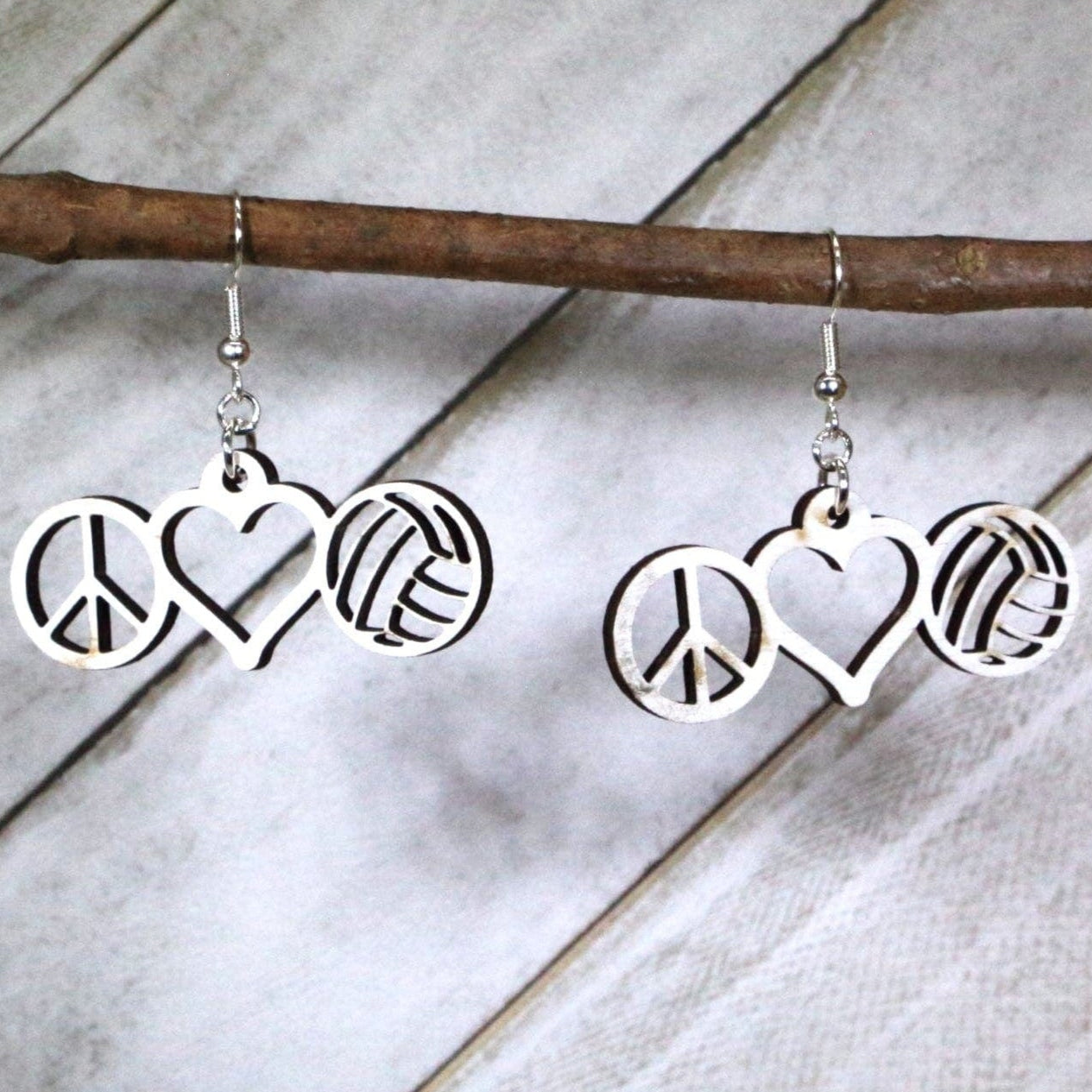 Peace Love Volleyball Wooden Earrings | Volleyball Mom Sports Jewelry by Cate's Concepts, LLC, handmade jewelry main product photo