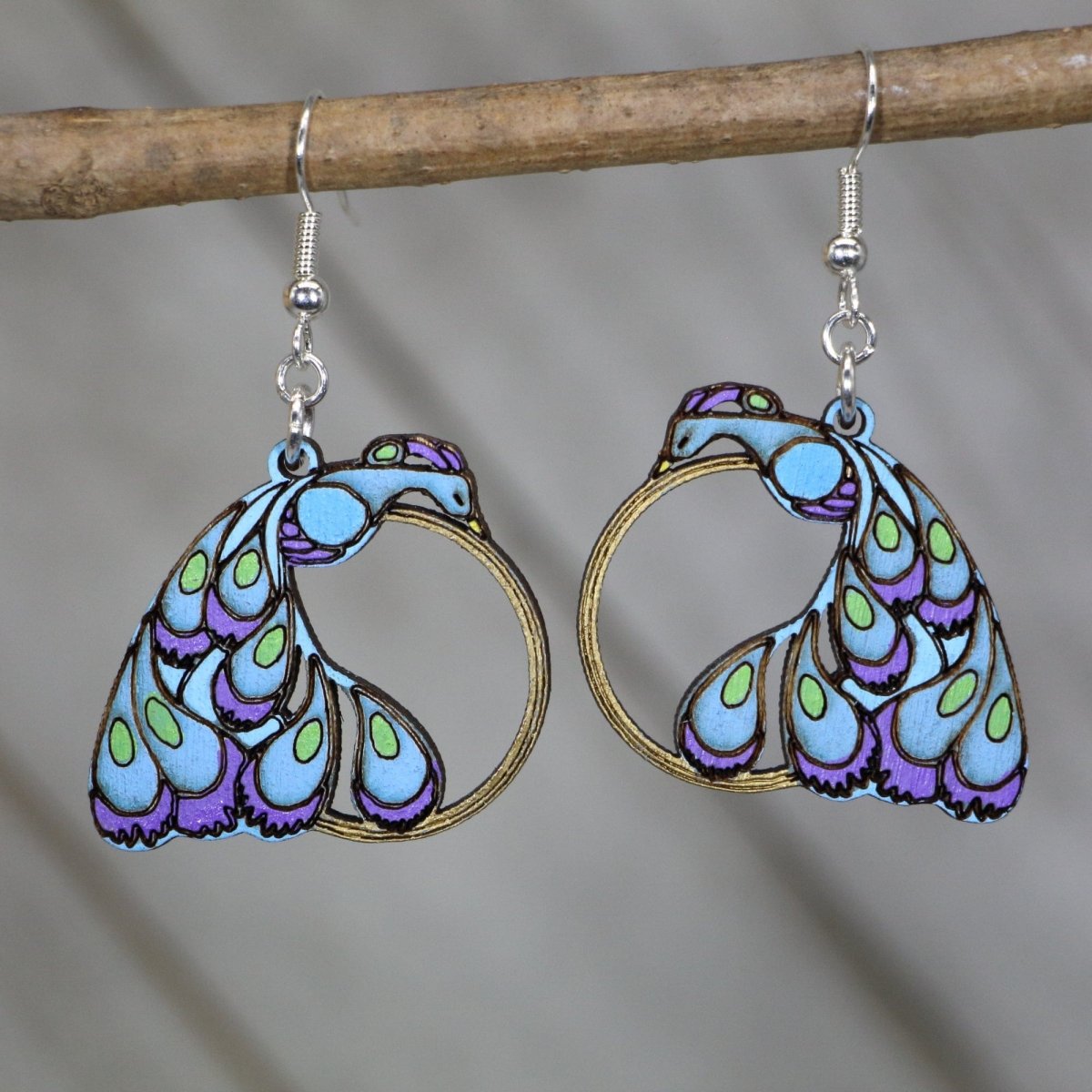 Peacock Wooden Earrings | Boho Bird Gold Ring Jewelry detail view by Cate's Concepts, LLC