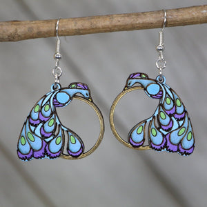 Peacock Wooden Earrings | Boho Bird Gold Ring Jewelry detail view by Cate's Concepts, LLC