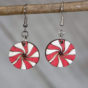 Peppermint Candy Wooden Dangle Earrings | Christmas Holiday Jewelry detail view by Cate's Concepts, LLC