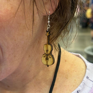 Cello Wooden Dangle Earrings | Music Instrument Jewelry detail view by Cate's Concepts, LLC