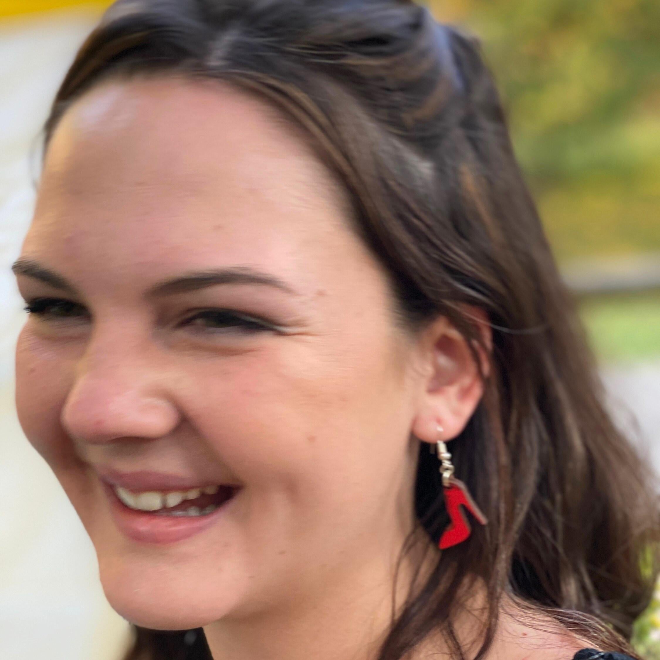 Red High Heel Wooden Dangle Earrings | Fashion Jewelry detail view by Cate's Concepts, LLC