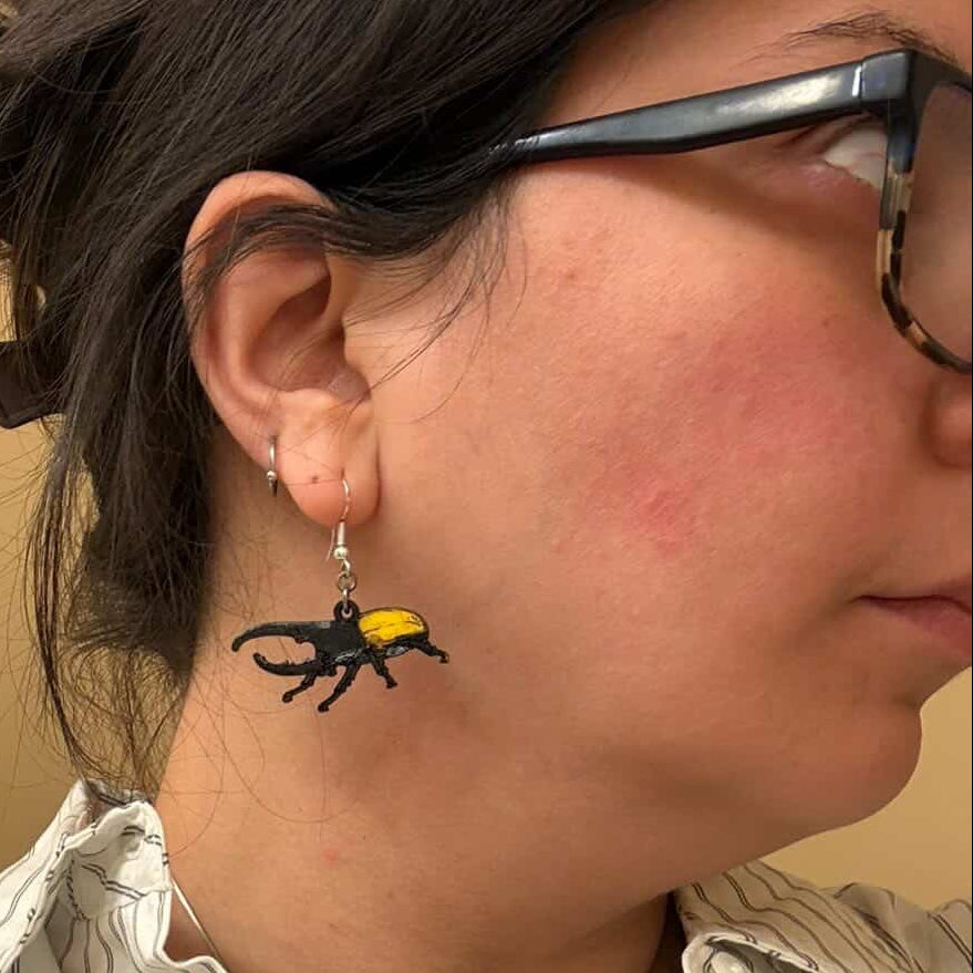 Hercules Beetle Wooden Dangle Earrings | Realistic Insect Jewelry detail view by Cate's Concepts, LLC