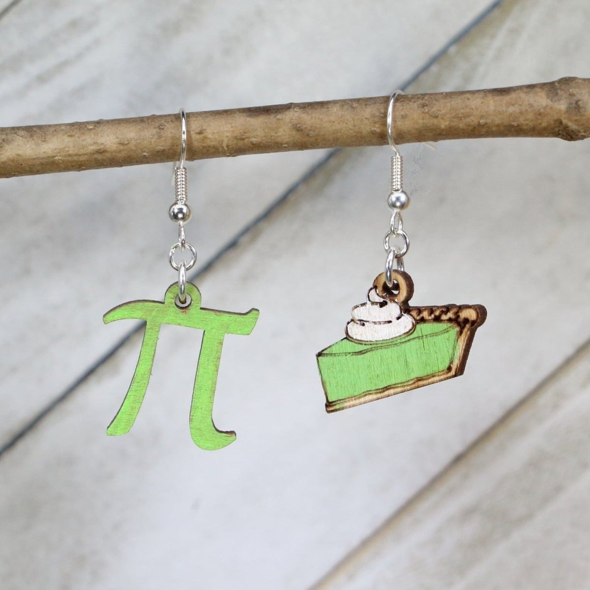 Pi and Pie Wooden Earrings | Math Pun Nerd Food Jewelry detail view by Cate's Concepts, LLC