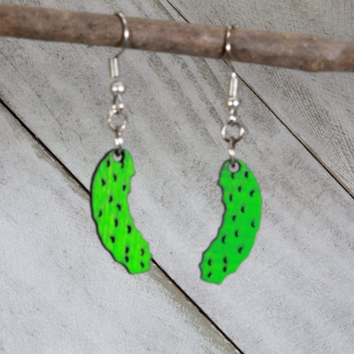 Pickle Wooden Earrings | Funny Food Lover Jewelry detail view by Cate's Concepts, LLC