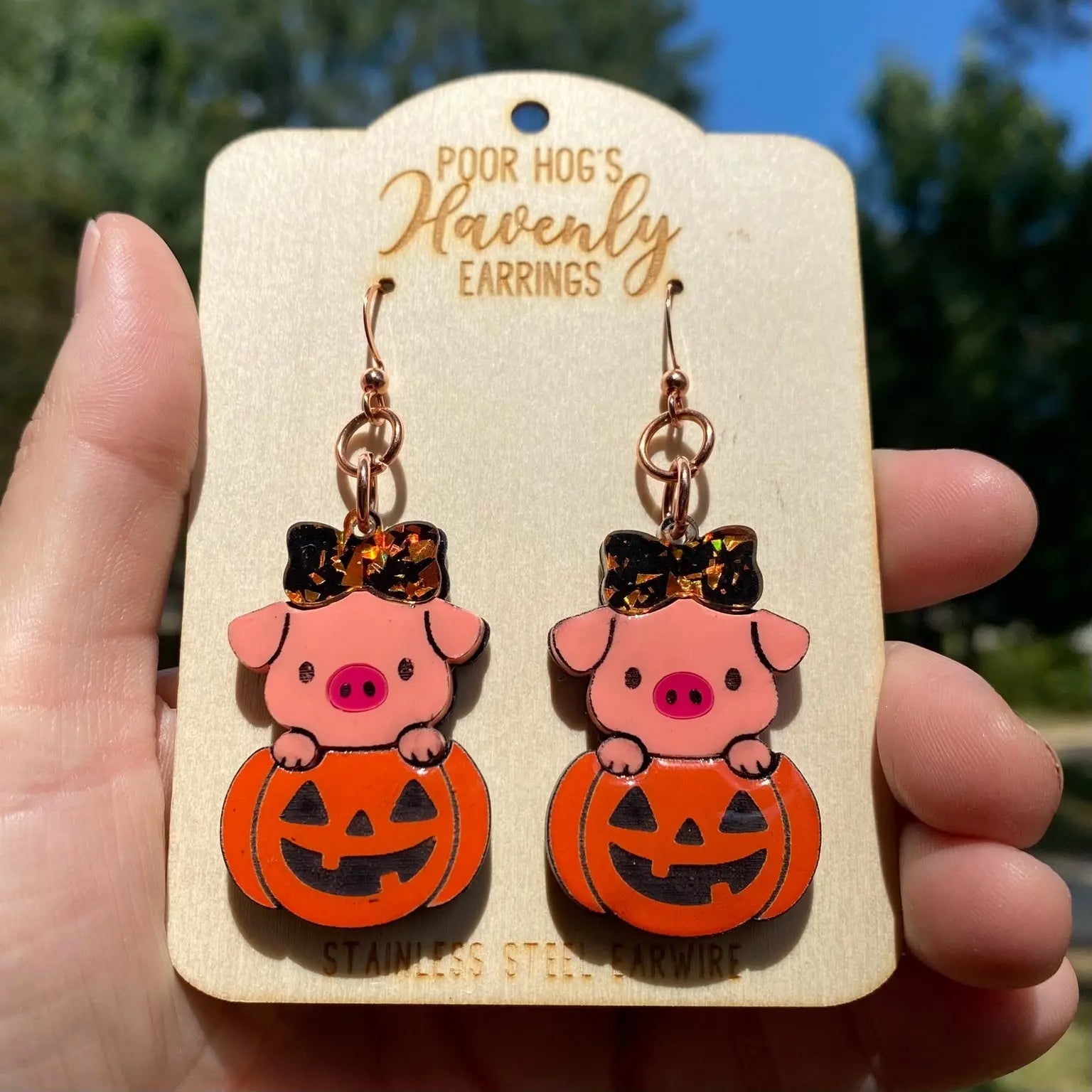 Piggy in a Pumpkin Halloween Earrings by Poor Hog Customs, handmade jewelry main product photo