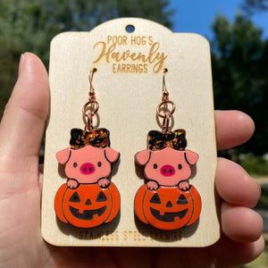 Piggy in a Pumpkin Halloween Earrings by Poor Hog Customs, handmade jewelry main product photo