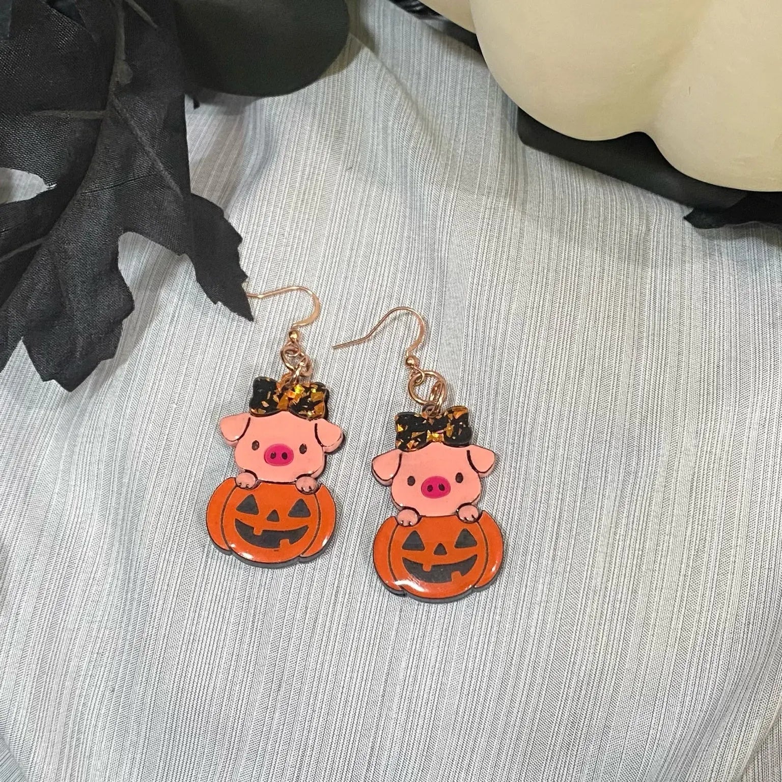 Piggy in a Pumpkin Halloween Earrings by Poor Hog Customs, handmade jewelry detail photo 2