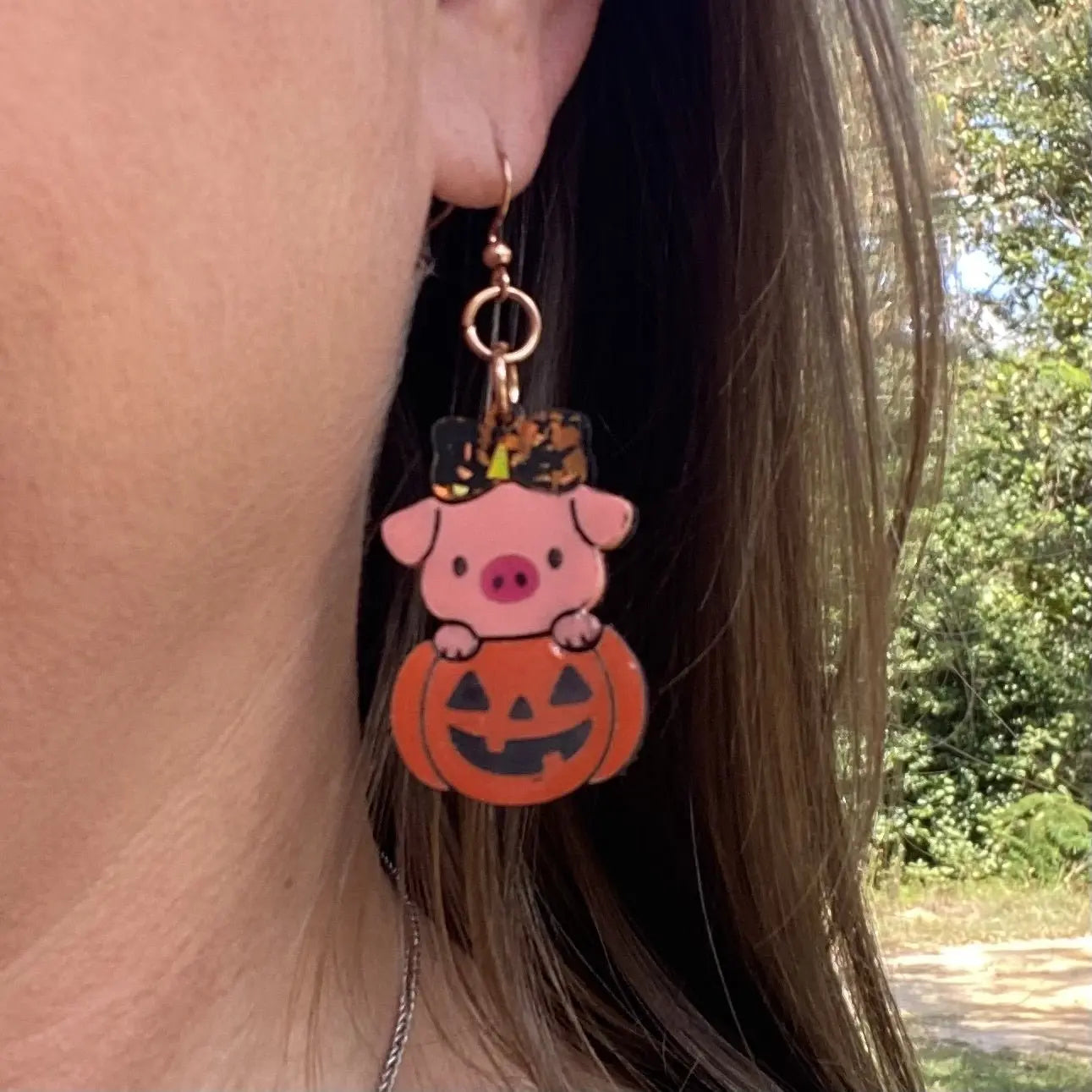 Piggy in a Pumpkin Halloween Earrings by Poor Hog Customs, handmade jewelry detail photo 3