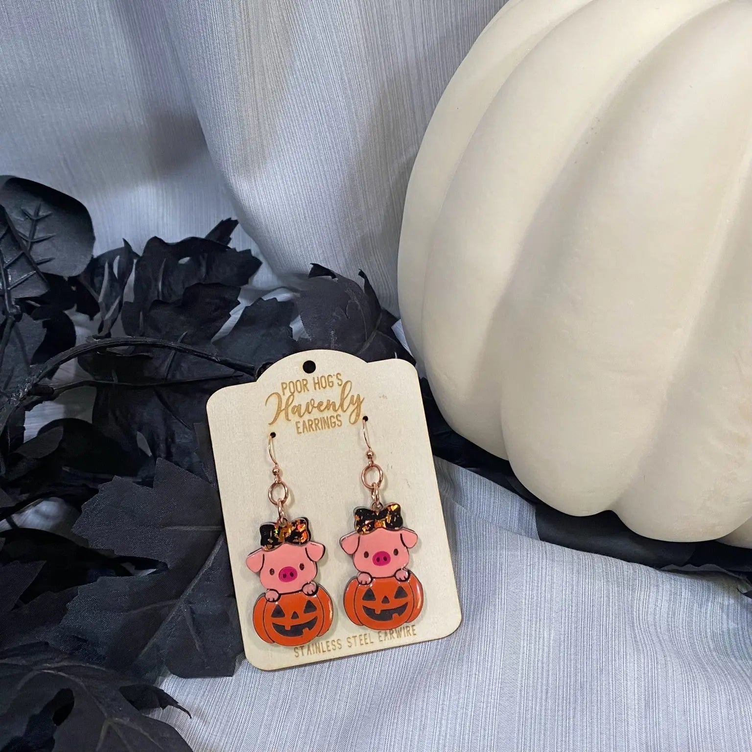 Piggy in a Pumpkin Halloween Earrings by Poor Hog Customs, handmade jewelry detail photo 5