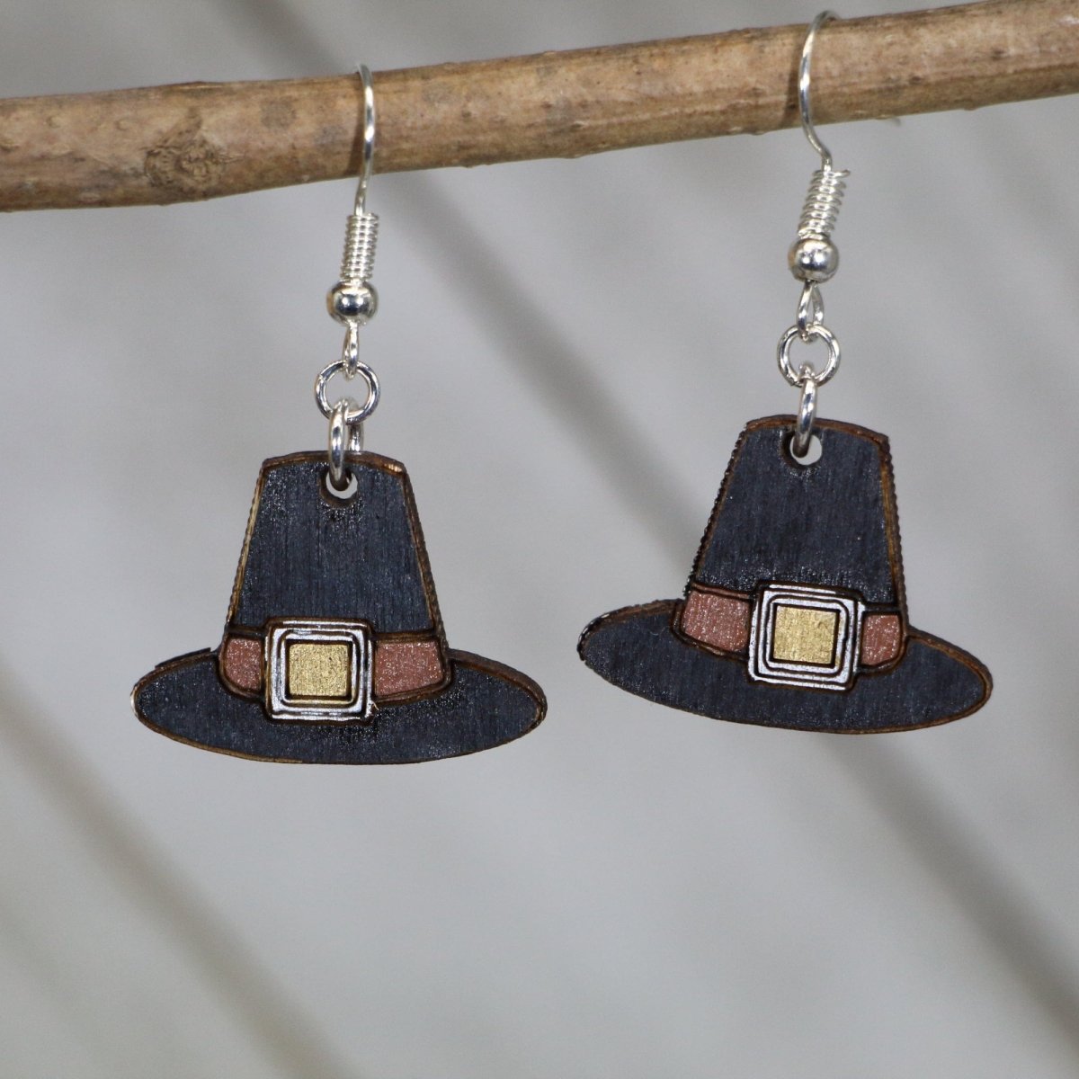 Pilgrim Hat Wooden Earrings | Thanksgiving Holiday Jewelry by Cate's Concepts, LLC, handmade jewelry main product photo
