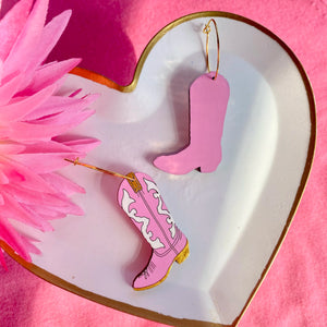 Additional view of Pink Cowgirl Boot Hoop Earrings hand painted on lightweight wood by LE CHIC MIAMI