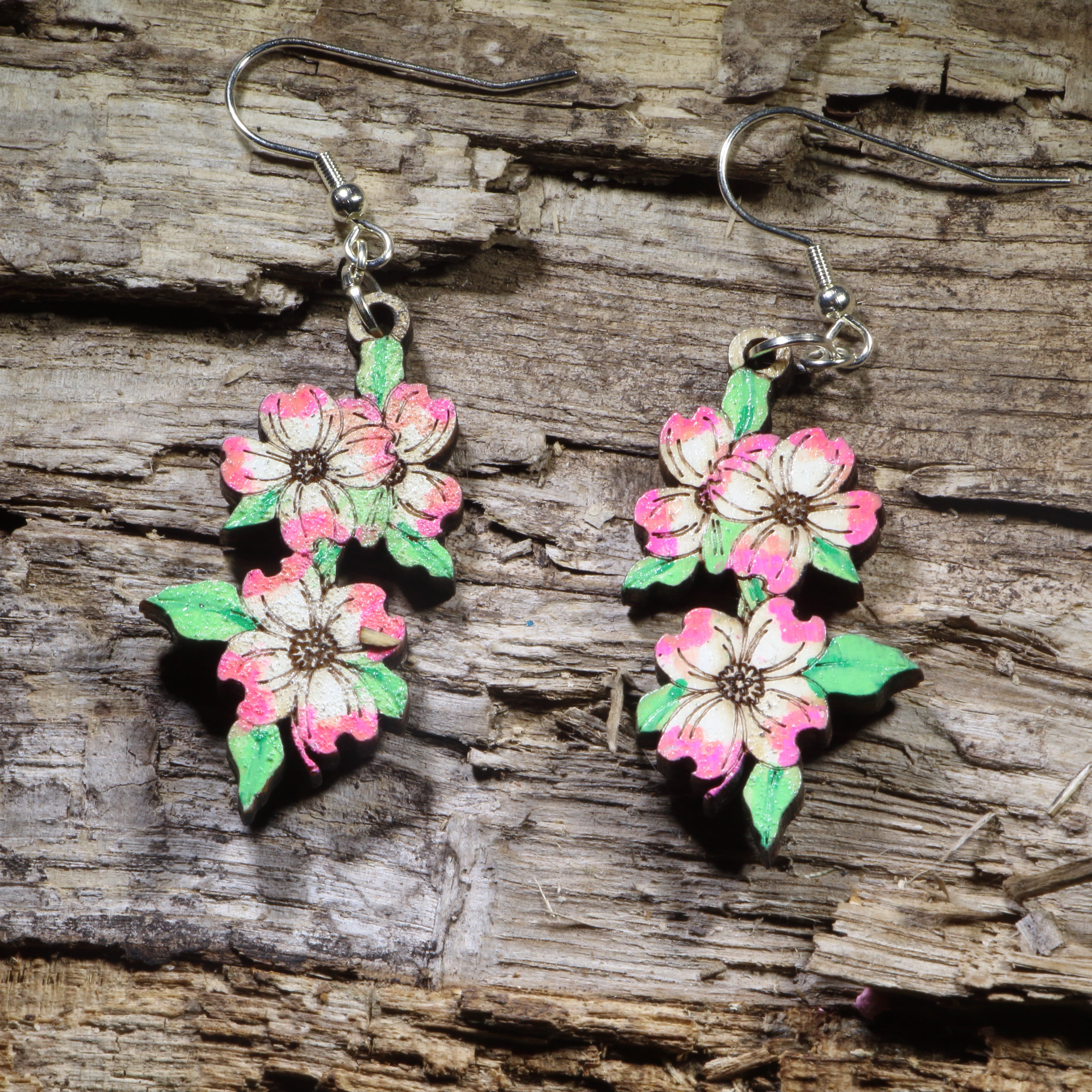 Pink Dogwood Blossom Wooden Dangle Earrings | Floral Nature Jewelry by Cate's Concepts, LLC