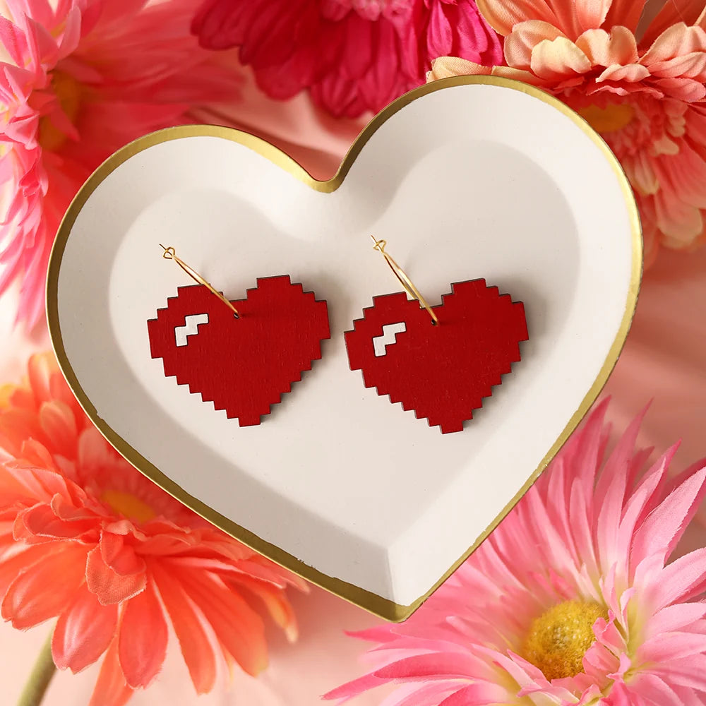 Red Pixelated Heart Hoop Earrings hand painted on lightweight wood by LE CHIC MIAMI