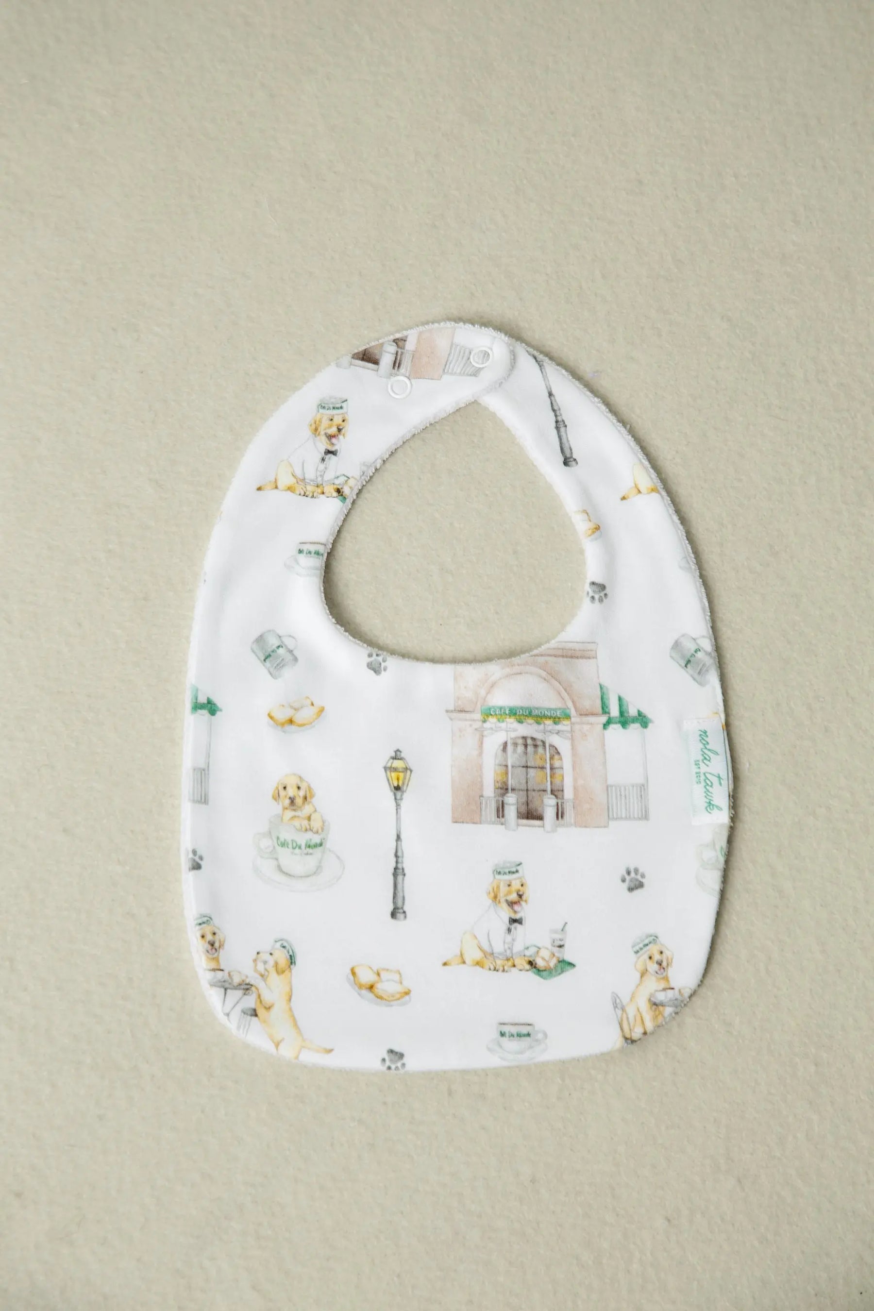 Powdered Sugar and Puppies Organic Cotton Baby Bib by Nola Tawk, children's boutique clothing detail photo 2