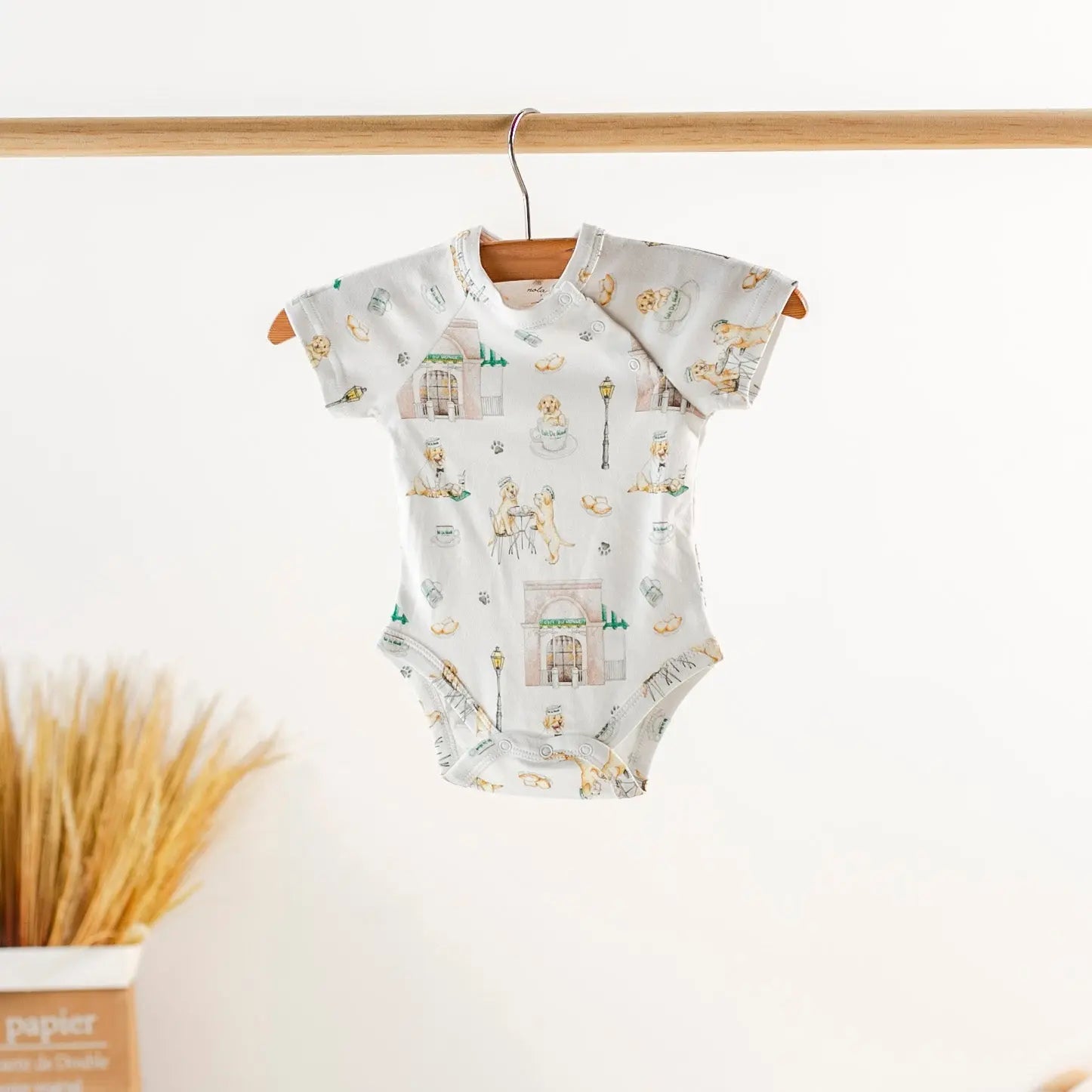 Powdered Sugar and Puppies Organic Cotton Baby Onesie by Nola Tawk, Southern lifestyle apparel main product photo