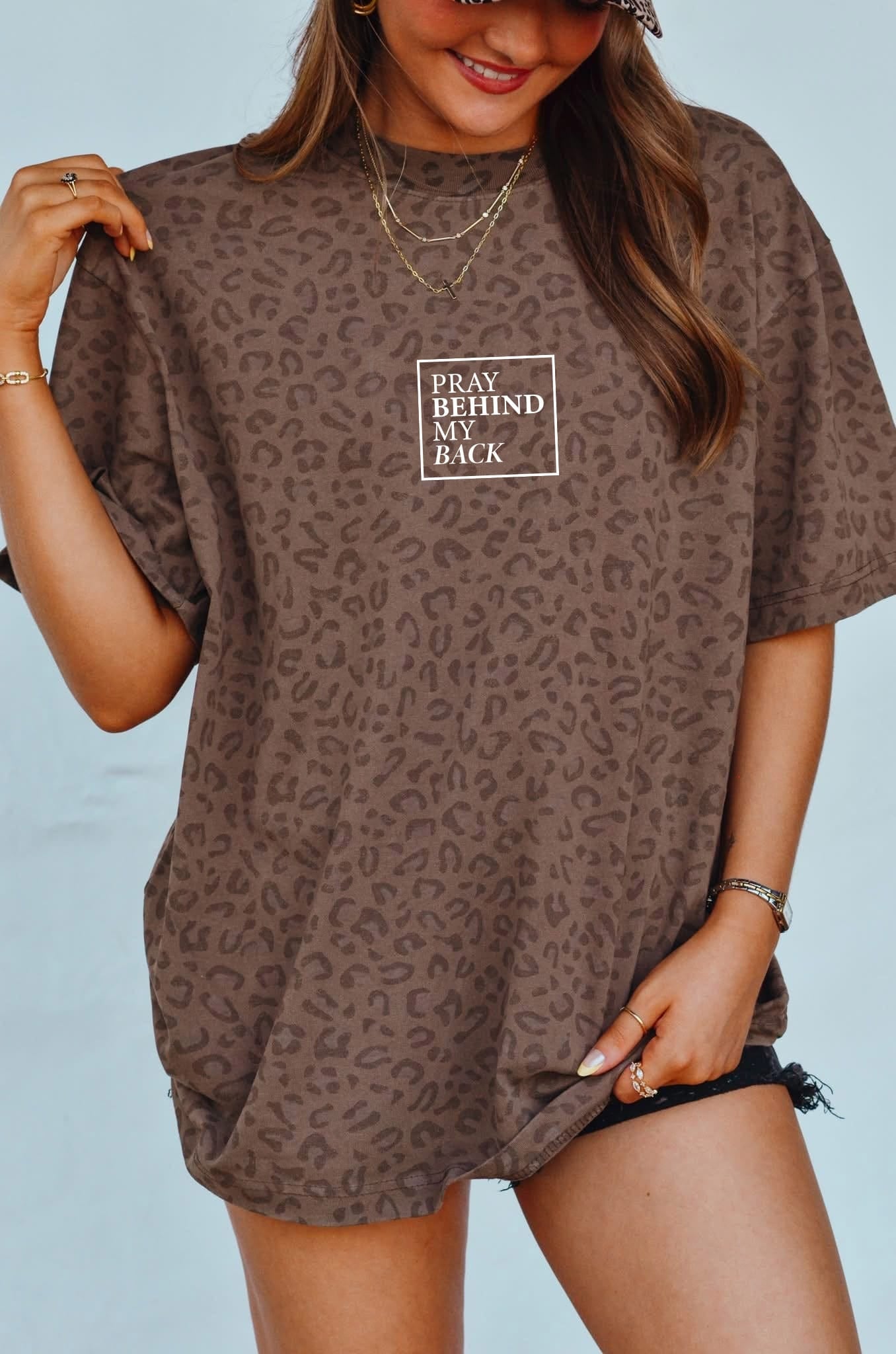 Pray Behind Back Brown Leopard Tee by Southern Bliss Company