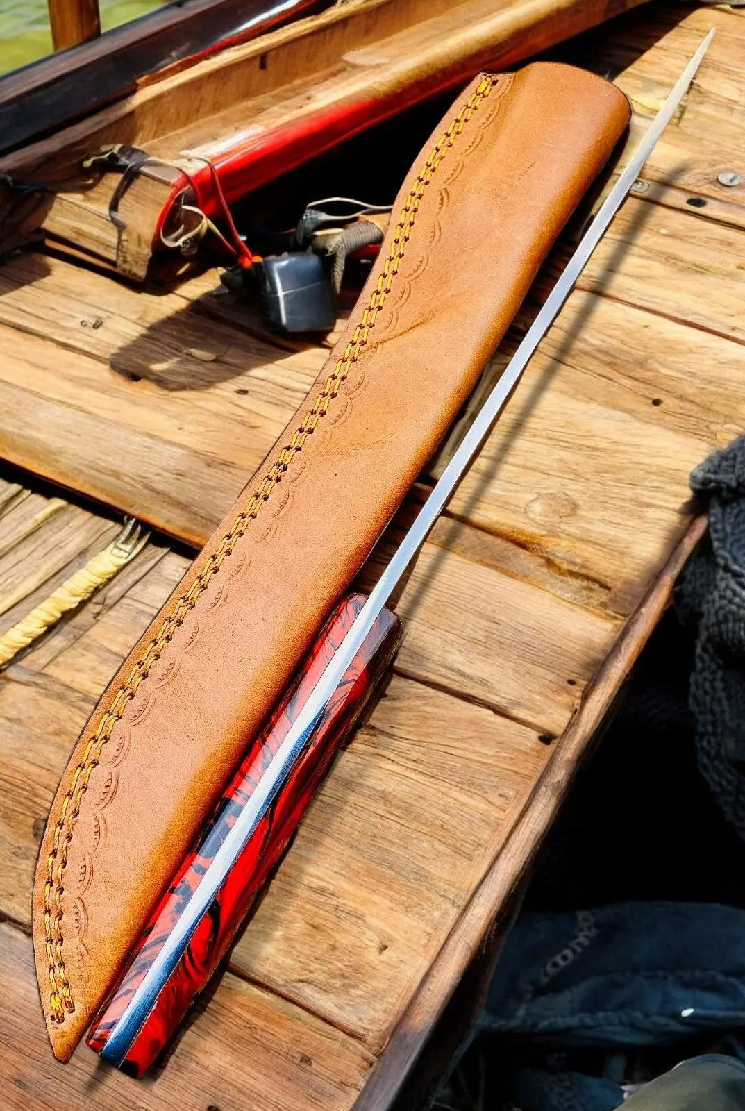 Premium 15" Handmade Fillet Knife with Epoxy Resin Handle by Damascus Knife Store, Damascus knife detail photo 4