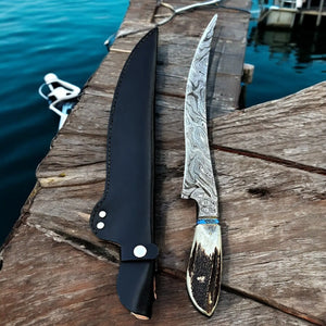 Premium Damascus Fillet Knife – Antler Horn Handle, 13" by Damascus Knife Store, Damascus knife detail photo 5