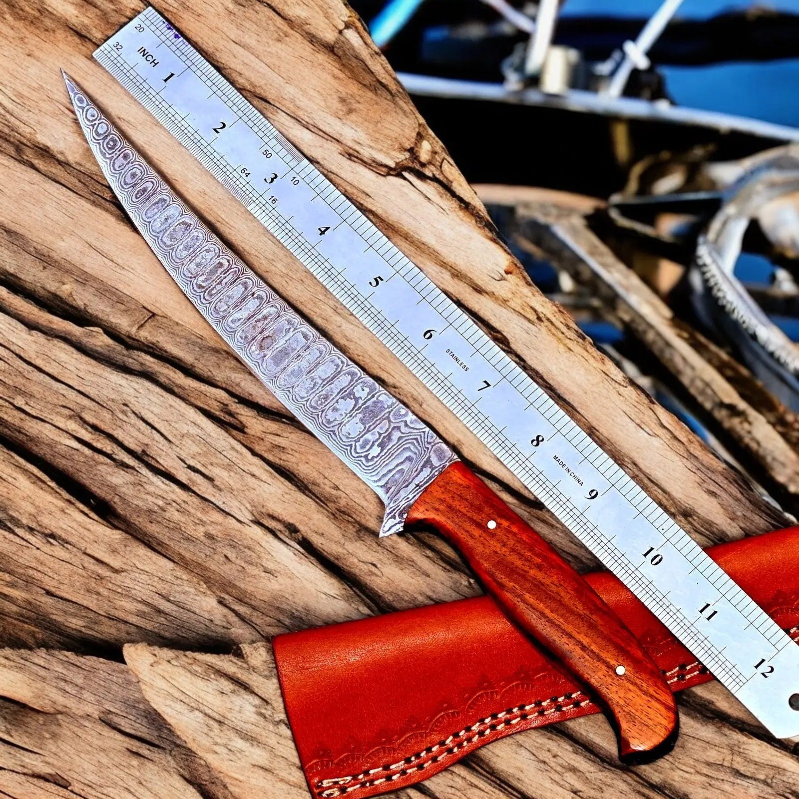 Premium Handmade Damascus Fillet Knife – 12" with Rosewood Handle by Damascus Knife Store, Damascus knife main product photo