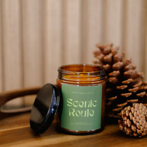 Scenic Route Eucalyptus & Pine Soy Candle detail view by Pretty Honest Candles
