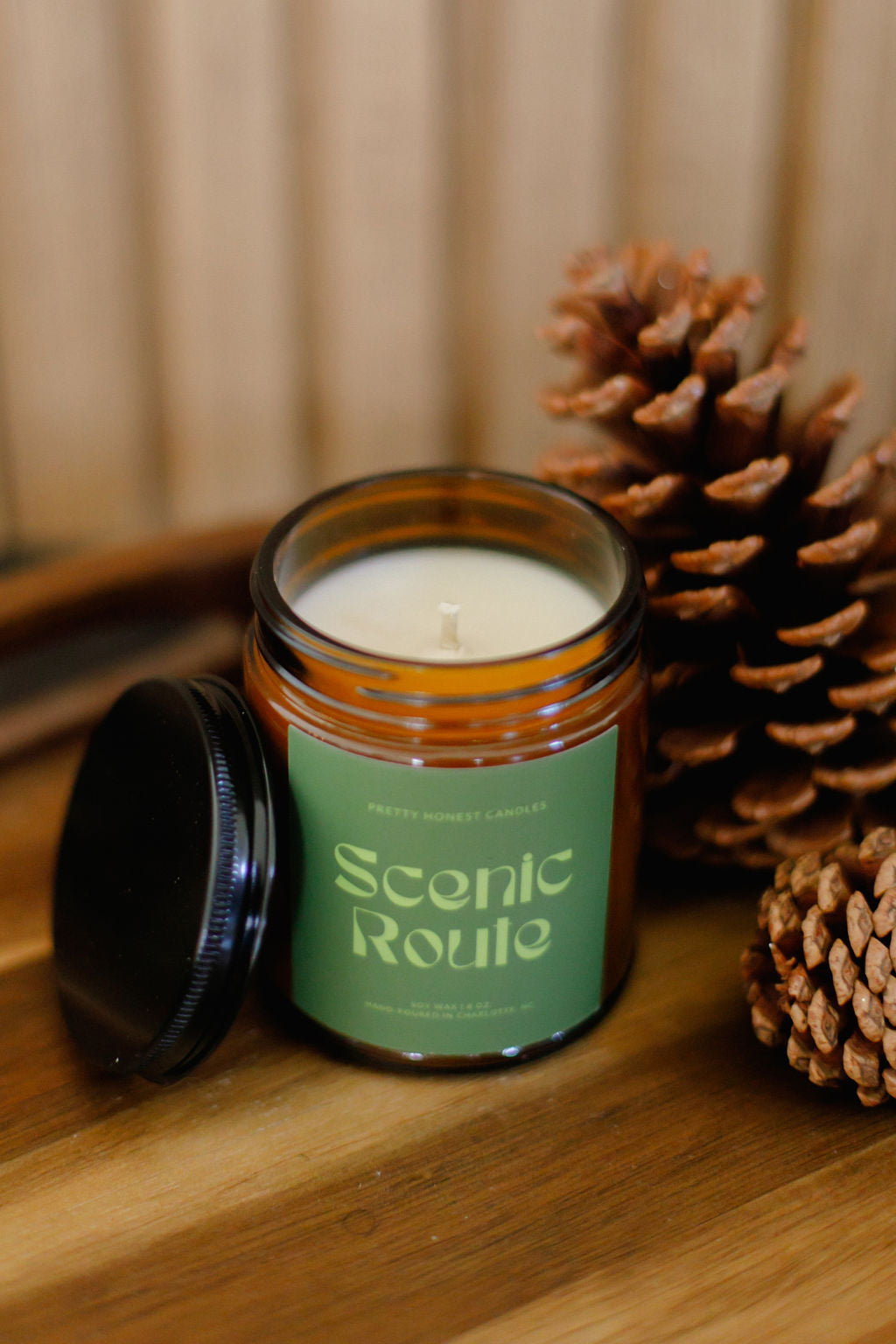 Scenic Route Eucalyptus & Pine Soy Candle detail view by Pretty Honest Candles