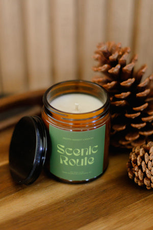 Scenic Route Eucalyptus & Pine Soy Candle detail view by Pretty Honest Candles