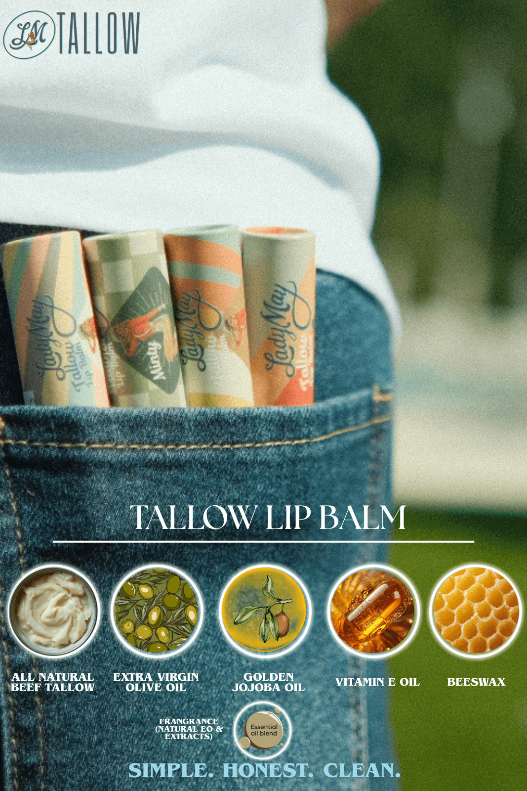 Tallow Lip Balm - CHOOSE A FLAVOR - Natural Beef Tallow Lip Moisturizer with Beeswax & Jojoba Oil by The Lady May, natural skincare detail photo 2