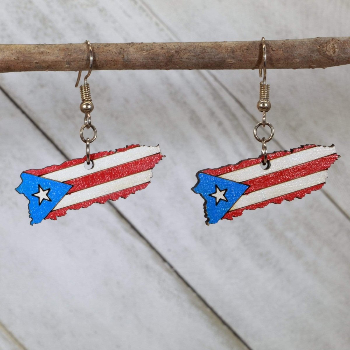 Puerto Rico Island Wooden Earrings | Caribbean Travel Jewelry detail view by Cate's Concepts, LLC