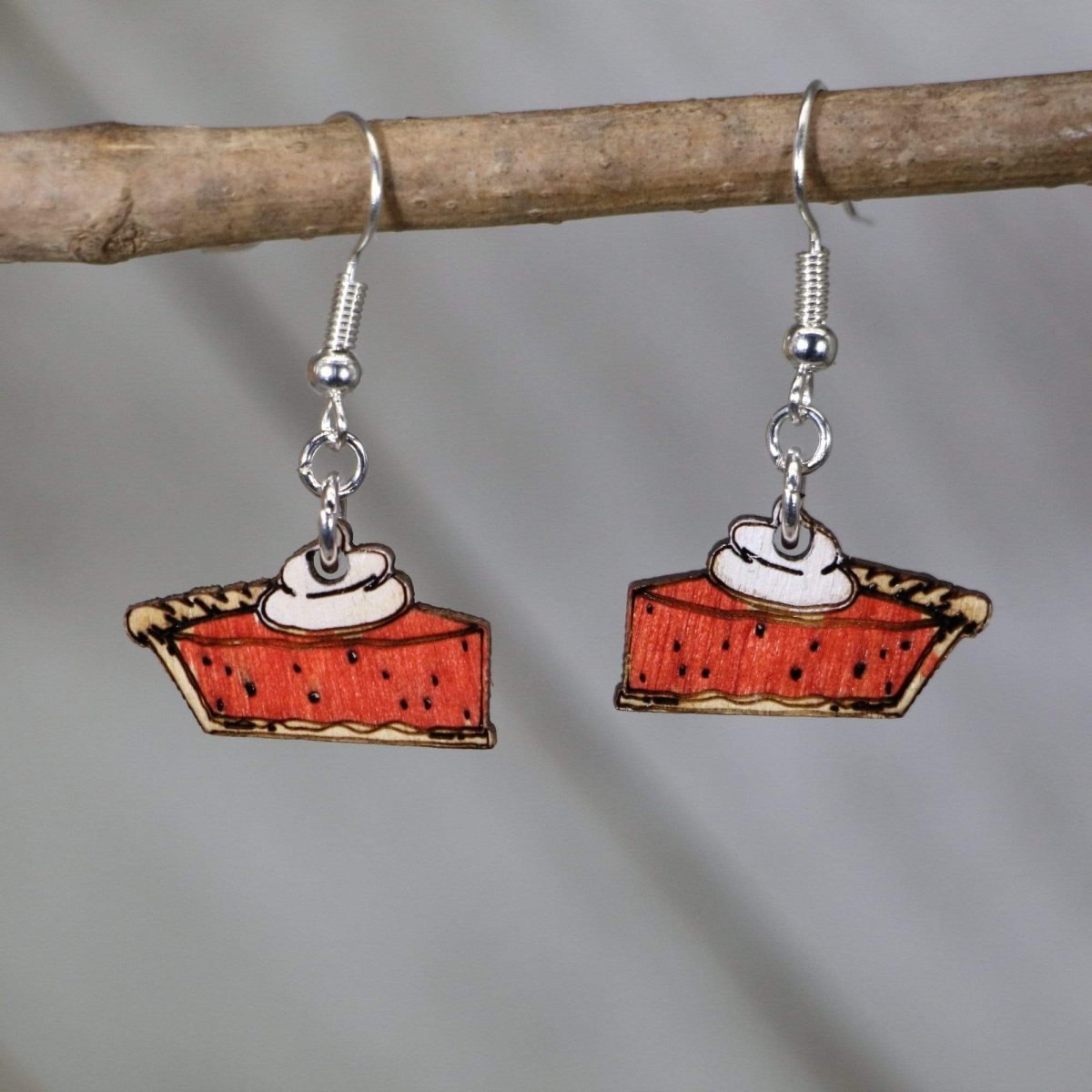 Pumpkin Pie Wooden Dangle Earrings | Thanksgiving Dessert Jewelry detail view by Cate's Concepts, LLC