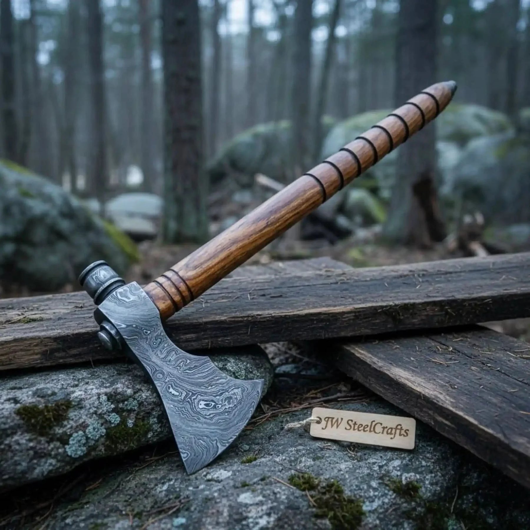 Damascus Smoking Axe with Leather Sheath and Ringed Rosewood Handle by JW SteelCrafts, leather knife sheath detail photo 3