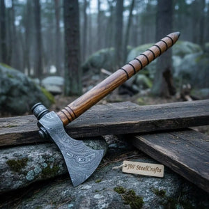 Damascus Smoking Axe with Leather Sheath and Ringed Rosewood Handle by JW SteelCrafts, leather knife sheath detail photo 3