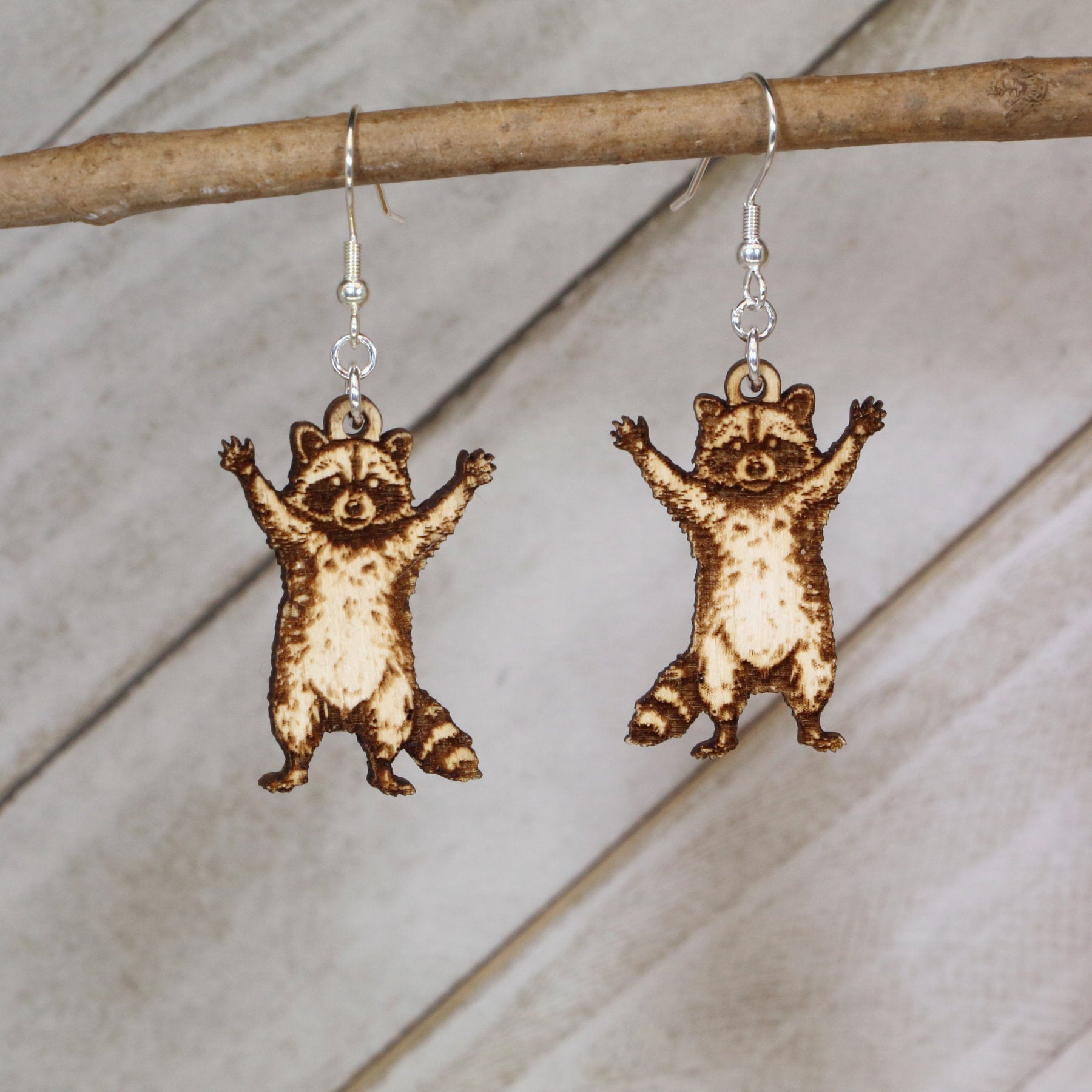 Raccoon Wooden Dangle Earrings | Cute Woodland Animal Jewelry by Cate's Concepts, LLC, handmade jewelry main product photo