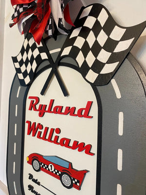 Racing Car Birth Announcement Door Hanger by Poor Hog Customs, Southern home decor detail photo 5